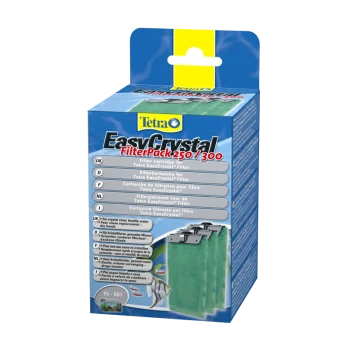 Tetra EasyCrystal FilterPack 250/300 Box, mit einem blauen Design und Produktdetails in mehreren Sprachen, einschließlich Gebrauchsanweisungen.