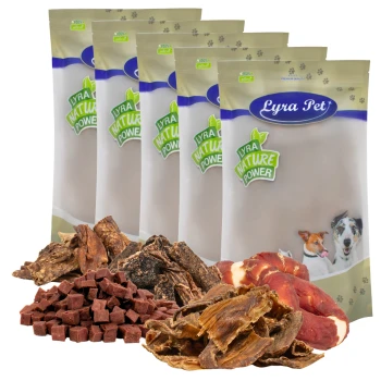 Fünf Lyra Pet Nature Power Beutel mit unterschiedlichen getrockneten Hundesnacks und Hundeabbildungen