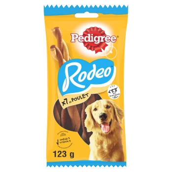 Emballage de friandises pour chiens Pedigree Rodeo avec un golden retriever, étiqueté "7 au poulet," mettant en avant les avantages d'Omega 3 et de la vitamine E.