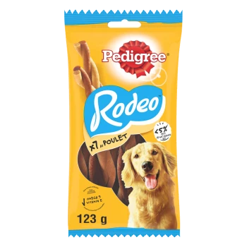 Emballage de friandises pour chiens Pedigree Rodeo avec un golden retriever, étiqueté "7 au poulet," mettant en avant les avantages d'Omega 3 et de la vitamine E.