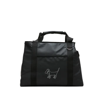 Schwarze Haustiertragetasche mit einer einfachen weißen Umrisszeichnung eines Hundes auf der Vorderseite, mit stabilen Griffen und einem Reißverschlussfach.