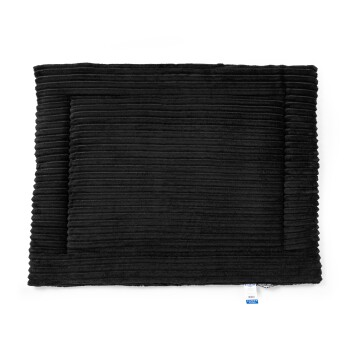 Schwarzes Haustierbett mit gerippter Textur, rechteckiger Form und weichem Stoff, ideal für den Komfort von Haustieren.