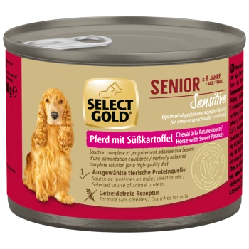 Select Gold Senior Sensitive Hundefutterdose mit Pferd- und Süßkartoffelgeschmack, getreidefrei, für Hunde ab 8 Jahren.