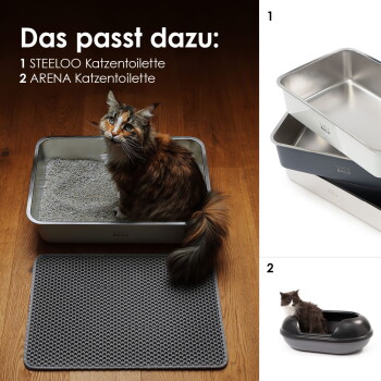 Langhaarige Katze in einer Metall-Katzentoilette auf Holzfußboden mit grauer Matte; sichtbarer Text: 'Das passt dazu:'