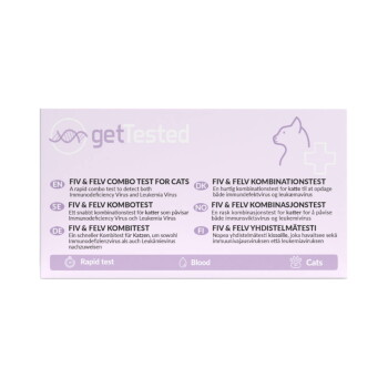 Hellviolette 'getTested' FIV- & FELV-Kombitestverpackung für Katzen mit Bezeichnungen 'Rapid test', 'Blood' und Katzen-Symbol