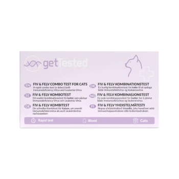 Hellviolette 'getTested' FIV- & FELV-Kombitestverpackung für Katzen mit Bezeichnungen 'Rapid test', 'Blood' und Katzen-Symbol