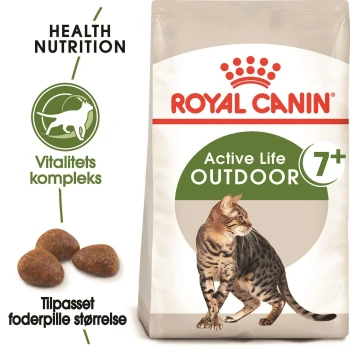 Royal Canin Active Life Outdoor Katzenfutter für Katzen ab 7 Jahren, mit einer Illustration einer Bengalkatze, Angabe der Kibble-Größe und gesundheitsbezogenen Nährstoffansprüchen.