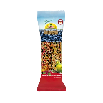 JR Farm 'Birdys' Vogelsnack: zwei Amaranth-Blaubeer-Samenstangen mit Wellensittichmotiv und Blaubeeren, rote Verpackung.