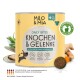 Gelbe Dose Milo & Mia Daily Bites für Hunde, mit dem Text "Knochen & Gelenke", mit Zutaten wie Grünlippmuschel und Kurkuma.