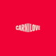 Logo CARNILOVE en texte stylisé couleur crème centré sur un fond rouge uni.
