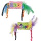 Two feathered cat toys: pink plush 'BOO' with green/blue feathers; green plush 'MEOW' with skull and purple/yellow feathers.