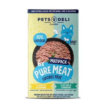 Multipack von Pet Deli Classic Katzenfutter mit 6 Dosen von 70% Geflügelpastete, einschließlich Huhn mit Katzenminze und Ente mit Löwenzahn.