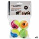 Bunte Haustierbälle in einer klaren Verpackung mit der Aufschrift "MASCOW Pelota mascotas" mit Bildern verschiedener Hunde, die 12 Bälle enthalten.