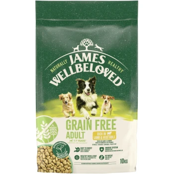 James Wellbeloved grain-free adult dog food bag, rich in lamb & vegetable, hypoallergenic, 10kg, with images of three dogs.