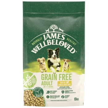 James Wellbeloved grain-free adult dog food bag, rich in lamb & vegetable, hypoallergenic, 10kg, with images of three dogs.