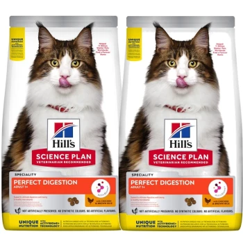 Zwei Beutel Hill's Science Plan Katzenfutter mit der Aufschrift "Perfect Digestion" für erwachsene Katzen, mit einer Katze, die sich die Lippen leckt.