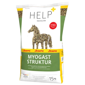 Tüte Josera Myogast Struktur Pferdefutter, 15 kg, mit einer Silhouette eines Pferdes aus Kräutern, beschriftet mit "Veterinary Diet" und "German Quality."
