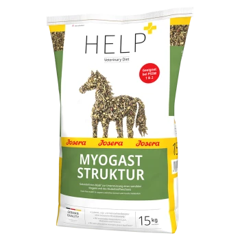 Tüte Josera Myogast Struktur Pferdefutter, 15 kg, mit einer Silhouette eines Pferdes aus Kräutern, beschriftet mit "Veterinary Diet" und "German Quality."