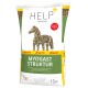 Tüte Josera Myogast Struktur Pferdefutter, 15 kg, mit einer Silhouette eines Pferdes aus Kräutern, beschriftet mit "Veterinary Diet" und "German Quality."