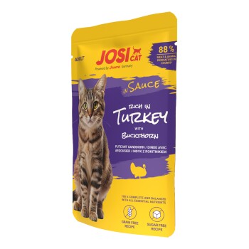 JosiCat Katzenfutterbeutel für erwachsene Katzen, reich an Pute mit Sanddorn, 88 % Fleisch, getreidefreie und zuckerfreie Rezeptur.