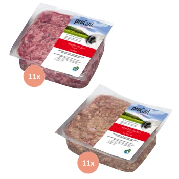 Zwei Pakete proCani Hundefutter, eines mit der Bezeichnung "Rindfleisch pur" und das andere "Rind-Pansen-Mix", jeweils mit 11 Portionen.