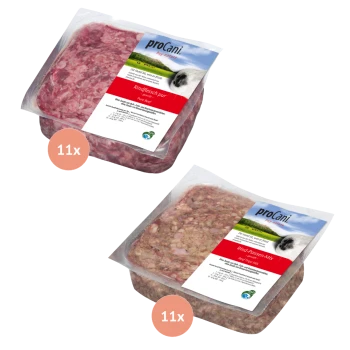 Zwei Pakete proCani Hundefutter, eines mit der Bezeichnung "Rindfleisch pur" und das andere "Rind-Pansen-Mix", jeweils mit 11 Portionen.