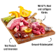 Ein Holzschneidebrett zeigt rotes Fleisch, Innereien, Kürbisscheiben und Kräuter, mit Text, der '67% Rindfleisch', 'viel Fleisch' und 'gesunde Kräuter' hervorhebt.