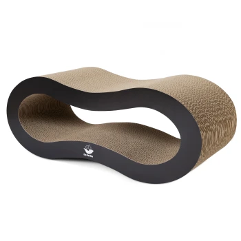 Kratzmöbel Infinity Lounge L Stylischer Kratzbaum für Katzen mit Wellen-Design, mit einer strukturierten beigen Oberfläche und einem schwarzen Sockel, gebrandet mit "DoPetMe."