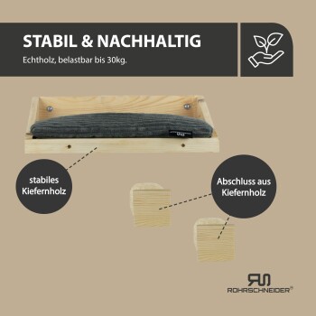 Holz-Haustierbett mit grauem Kissen, aus stabilem Kiefernholz, trägt bis zu 30 kg, beschriftet „Stabil & Nachhaltig“.