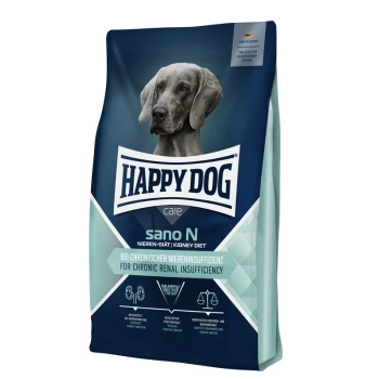 Glücklicher Hundepflege Sano N Hundefutterbeutel, mit einem grauen Hund auf der Vorderseite, gekennzeichnet für Nierendiät mit Text in Deutsch und Englisch.