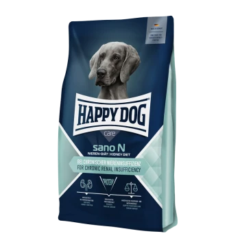 Torba z karmą dla psów Happy Dog care sano N, z szarym psem na przodzie, oznaczona dla diety nerkowej z tekstem w języku niemieckim i angielskim.