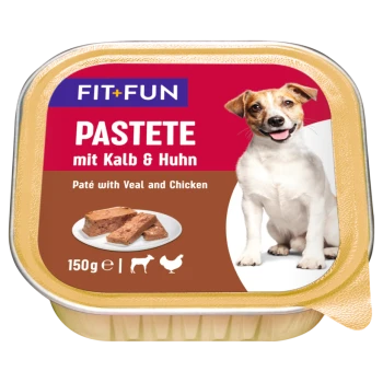 Pâté pour chiens étiqueté 'FIT+FUN', contenant du veau et du poulet, avec une taille de portion de 150g et des images de la nourriture et d'un chien.