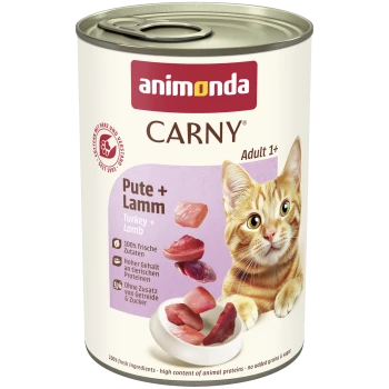Dose Animonda CARNY Katzenfutter, Adult 1+, Pute + Lamm, mit orangegetigerter Katze und Fleischstücken.