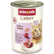 Boîte de pâtée Animonda CARNY pour chat, Adult 1+, étiquette "Pute + Lamm" (Dinde + Agneau) avec chat tigré orange et morceaux de viande.