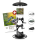 Vogelfutterspender mit transparentem Rohr und schwarzem Sockel, mit einem Etikett, das "Futtersäule für Gartenvögel" und ein Vogelbild zeigt.