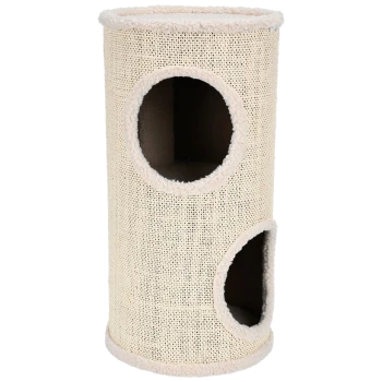 Ein beiger, zylindrischer Katzenbaum mit zwei runden Öffnungen zum Eintritt, ausgestattet mit einem weichen, plüschigen Rand und einer strukturierten Oberfläche.