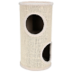 A beige, cylindrical cat tower with two circular openings for entry, featuring a soft, plush rim and a textured surface.