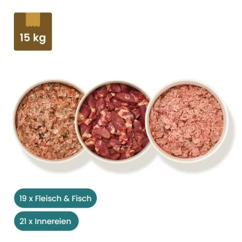 Bild von Tierfutterpaketen, einschließlich Lachs, Katzenfutter und Thunfischfilet, mit Schalen von Fleisch und Fisch, beschriftet mit "10x Fleisch, 22x Innereien, 8x Fisch."