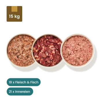 Bild von Tierfutterpaketen, einschließlich Lachs, Katzenfutter und Thunfischfilet, mit Schalen von Fleisch und Fisch, beschriftet mit "10x Fleisch, 22x Innereien, 8x Fisch."