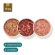 Bild von Tierfutterpaketen, einschließlich Lachs, Katzenfutter und Thunfischfilet, mit Schalen von Fleisch und Fisch, beschriftet mit "10x Fleisch, 22x Innereien, 8x Fisch."