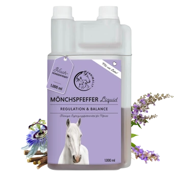 Flüssiges Ergänzungsmittel für Pferde in einer 1000 ml Flasche, beschriftet mit "Mönchspfeffer - Regulation & Balance", mit floralen Dekorationen.