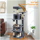 Ein 53,5 Zoll hoher grauer Katzenbaum mit sechs Ebenen und drei spielenden Katzen, beschriftet mit "Endloser Kletterspaß."