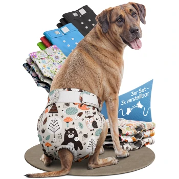Bunte Haustierwindeln mit verschiedenen Cartoon-Hundedesigns, beschriftet mit '3er SET' und einem Etikett mit der Aufschrift 'JUSTIER BAR DEUTSCHE MARKE.'