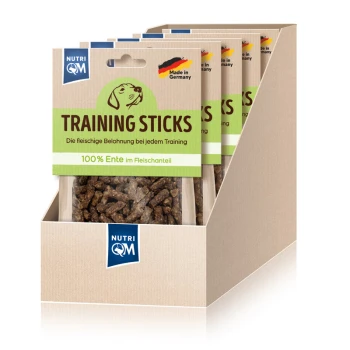 Trainig Sticks Ente 5x 100g Trainingssticks für Hunde in einer Ausstellungsbox, beschriftet mit "100% Ente" und "Made in Germany", mit einem Hundegrafik.
