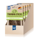 Trainingssticks für Hunde in einer Ausstellungsbox, beschriftet mit "100% Ente" und "Made in Germany", mit einem Hundegrafik.