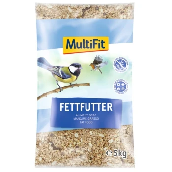 Ein 5 kg Sack MultiFit Fettfutter für Vögel, mit einem blauen Hintergrund, Bildern einer Kohlmeise und eines Rotkehlchens, und Text in Deutsch, Französisch und Italienisch.