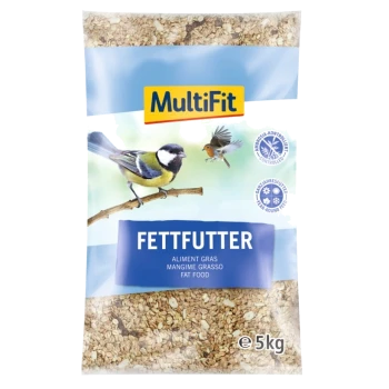 Ein 5 kg Sack MultiFit Fettfutter für Vögel, mit einem blauen Hintergrund, Bildern einer Kohlmeise und eines Rotkehlchens, und Text in Deutsch, Französisch und Italienisch.