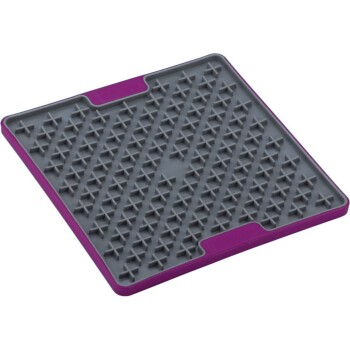 Graue Futtermatte für Haustiere mit einer strukturierten Oberfläche und lila Rändern, entworfen, um Verschüttungen aufzufangen und Futterbereiche sauber zu halten.