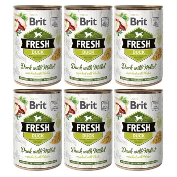 Sześć puszek karmy dla zwierząt Brit Fresh Duck z prosem, z zielono-białą etykietą z napisem "Duck with Millet" i "enriched with Herbs."