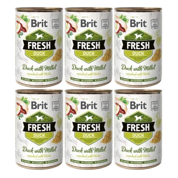 Sechs Dosen Brit Fresh Duck mit Millet Haustierfutter, mit einem grünen und weißen Etikett mit "Ente mit Hirse" und "angereichert mit Kräutern."